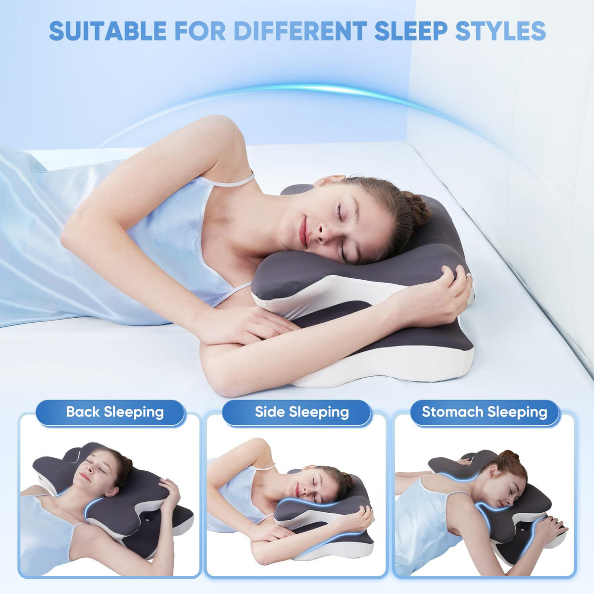 Shaped for back, side and stomach sleeping