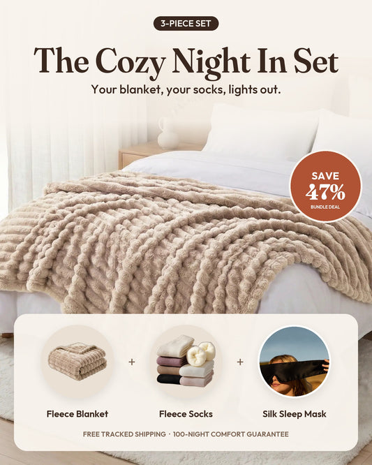 The Cozy Night In Set: Softnook Fleece Blanket, Fleece Socks and Silk Sleep Mask