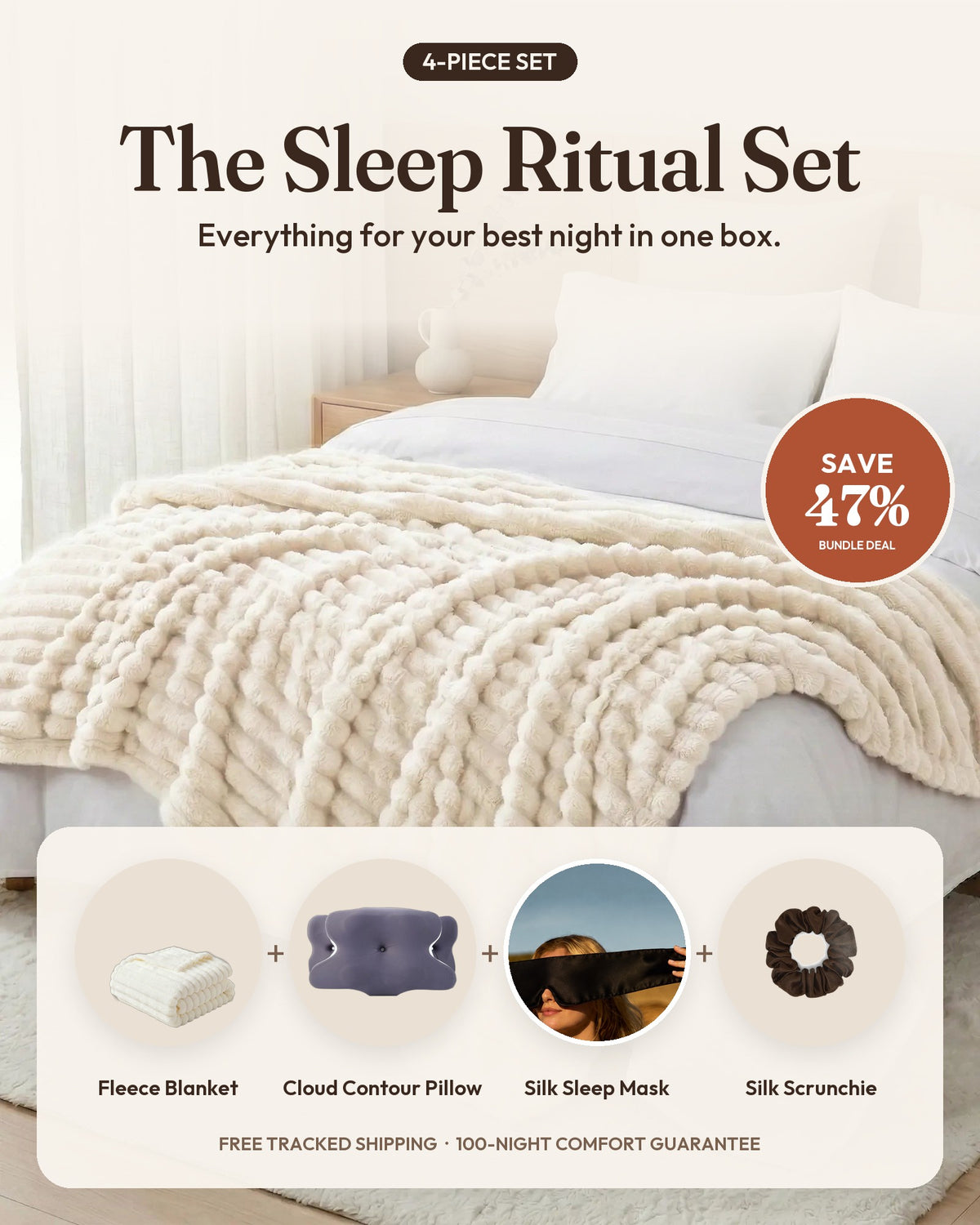 The Sleep Ritual Set: Softnook Fleece Blanket, Cloud Contour Pillow, Silk Sleep Mask and Silk Scrunchie