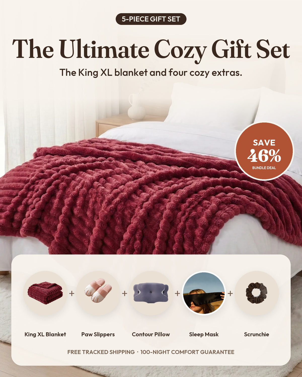 The Ultimate Cozy Gift Set: Softnook Fleece Blanket King XL, Paw Slippers, Cloud Contour Pillow, Silk Sleep Mask and Silk Scrunchie