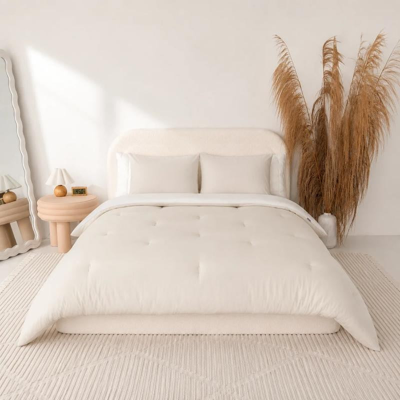 Puff comforter on a made bed