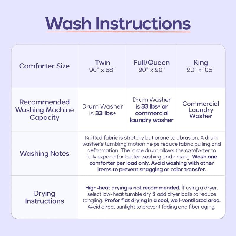 Comforter sizes and wash instructions
